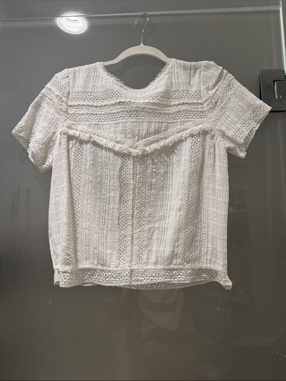 Alice + Olivia Ivory Crochet-Trim Short Sleeve Blouse